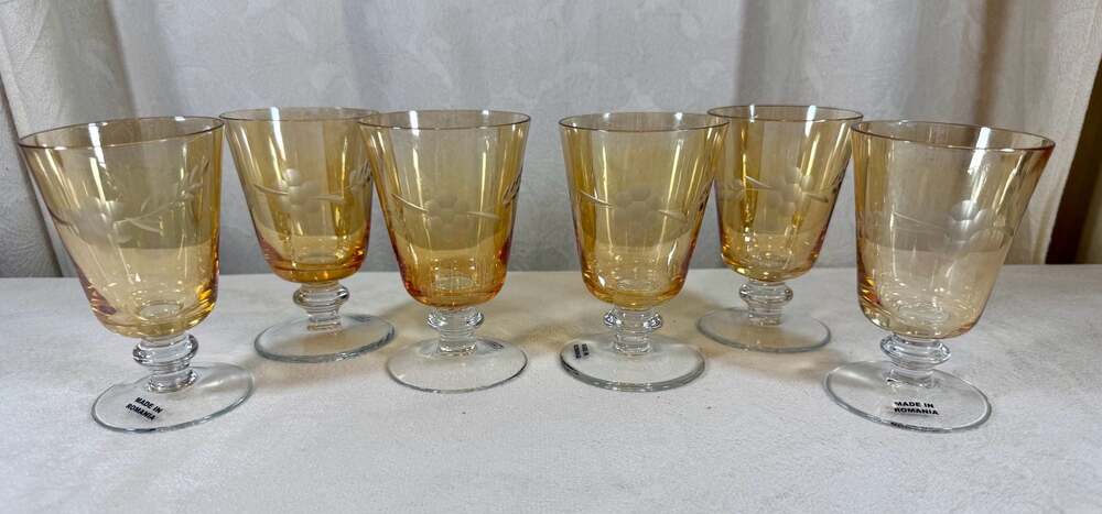 Doyen Royal Amber Etched Floral Stemware Glasses - Made in Romania